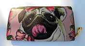 Pug Wallet 8. Happy Pug on pink background with faux leather zip-around with zippered coin as a divider and five card slots. Measures 7.50 inches by 4.50 inches or 19.05 cm by 11.43 cm.